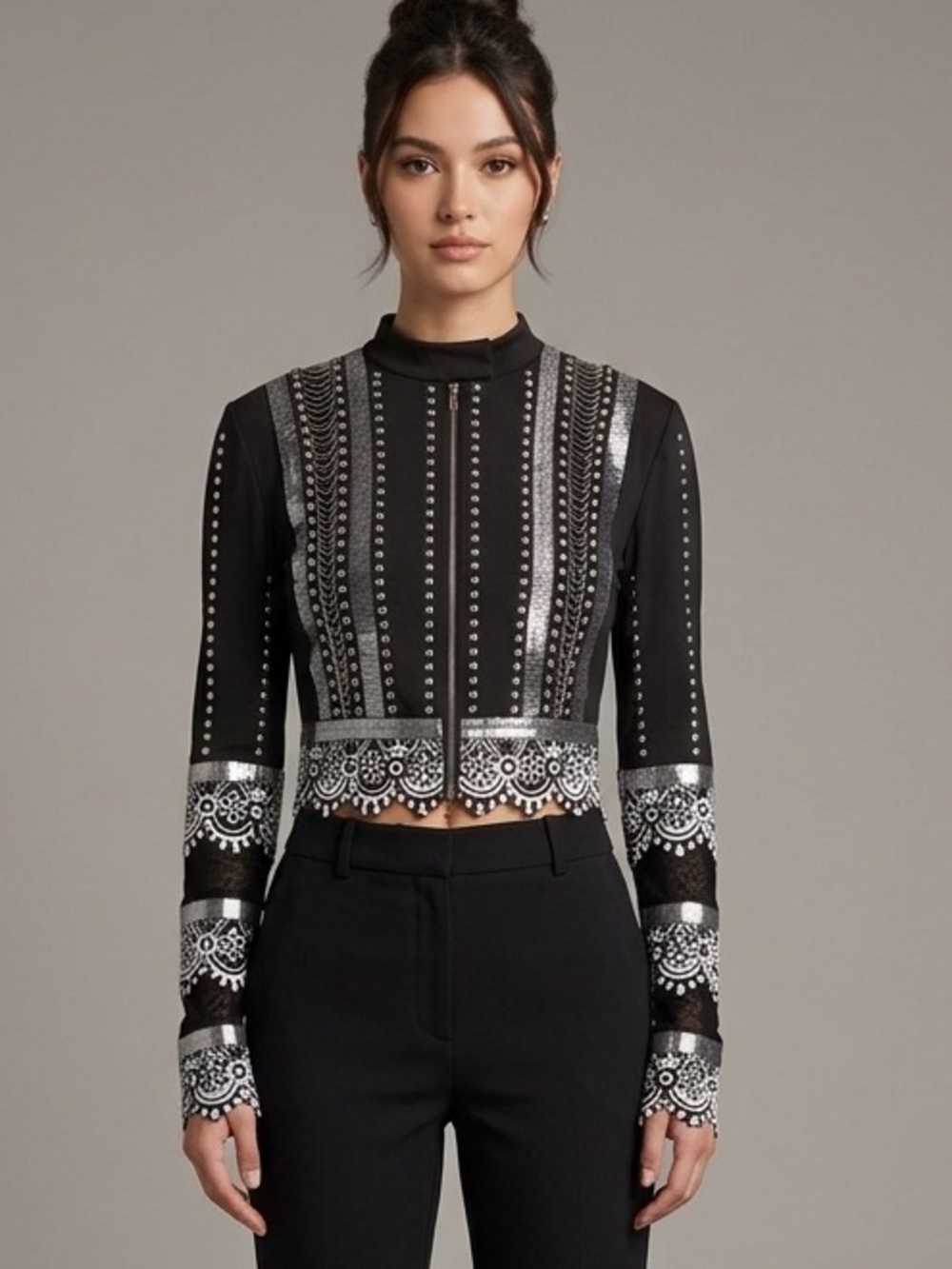 Banjul Black Cropped Jacket with Silver Lace & Stud Detail